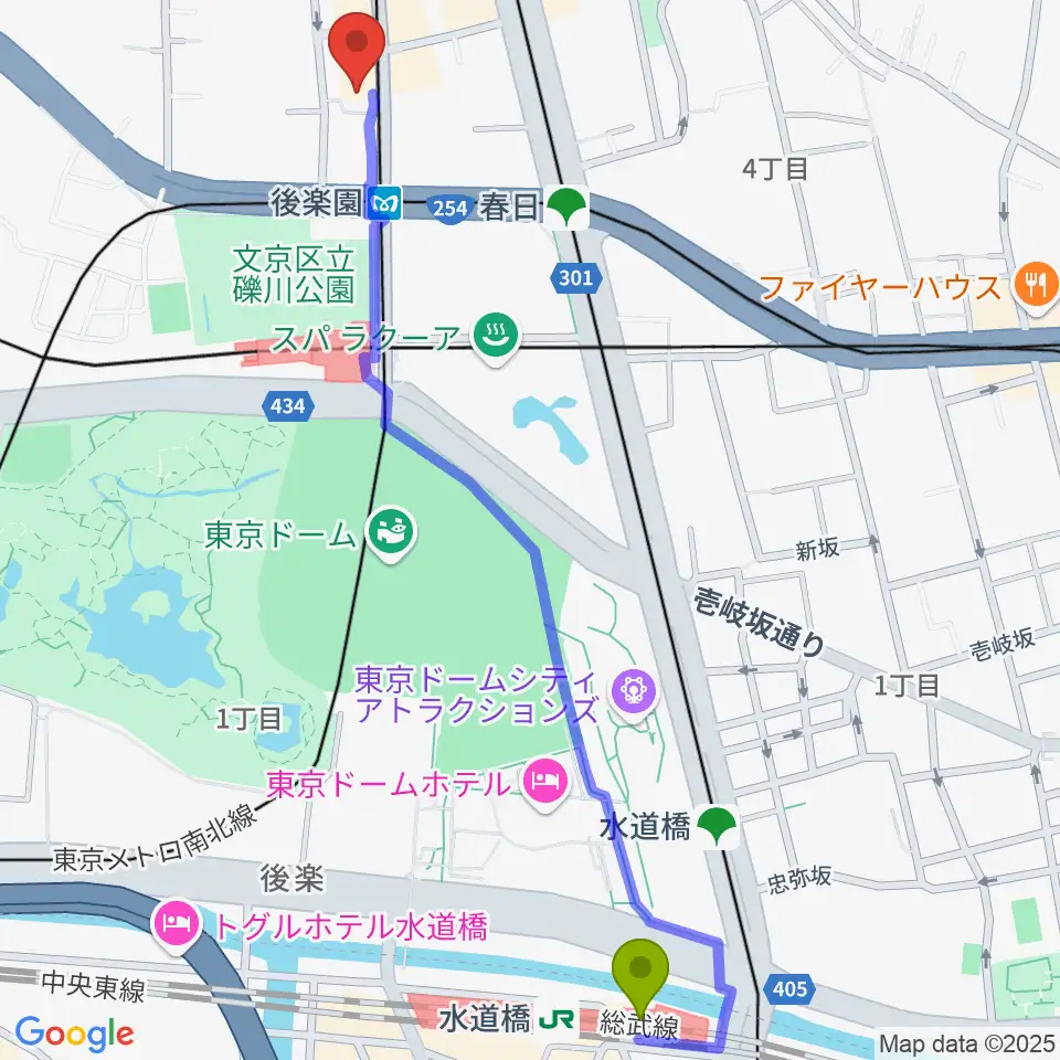 水道橋駅から文京楽器へのルートマップ地図
