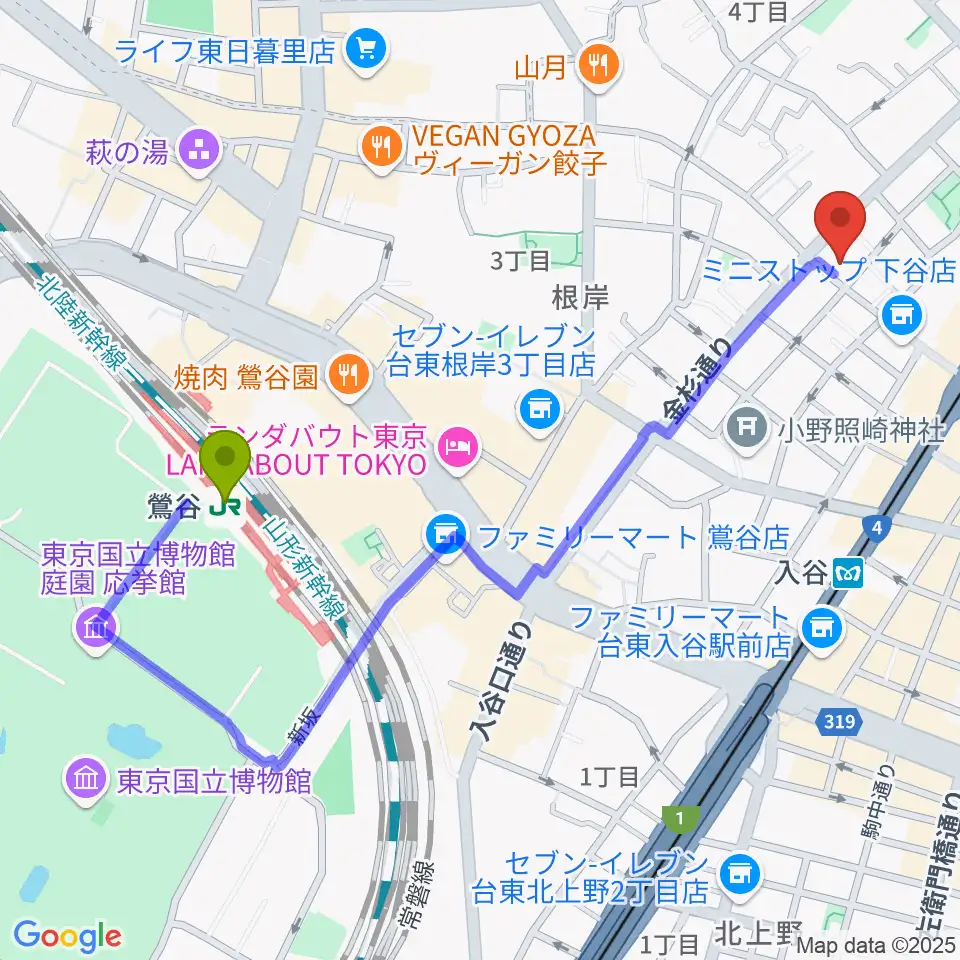 鶯谷駅からギターショップ アウラへのルートマップ地図