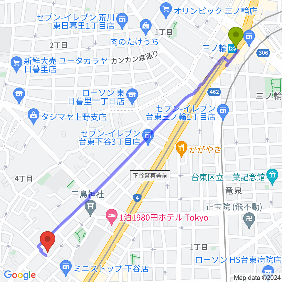 三ノ輪駅からギターショップ アウラへのルートマップ地図
