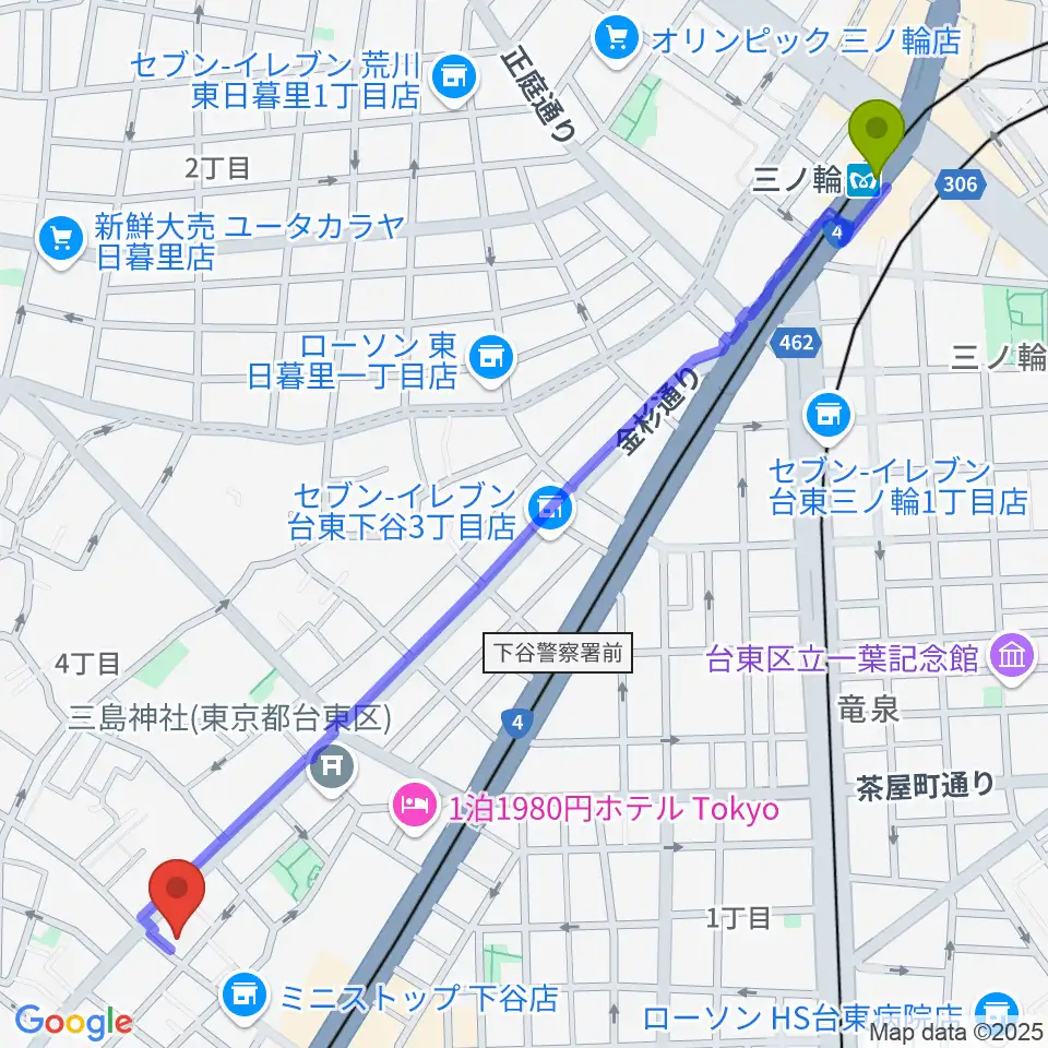三ノ輪駅からギターショップ アウラへのルートマップ地図