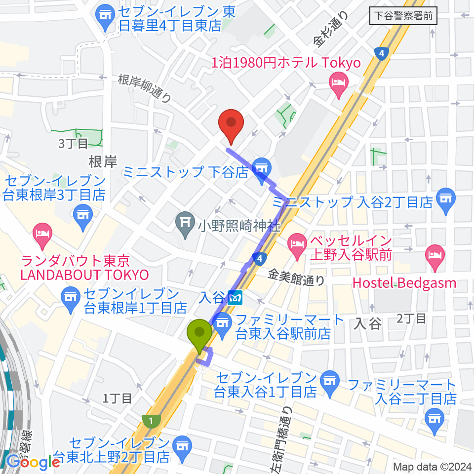 ギターショップ アウラの最寄駅入谷駅からの徒歩ルート（約7分）地図