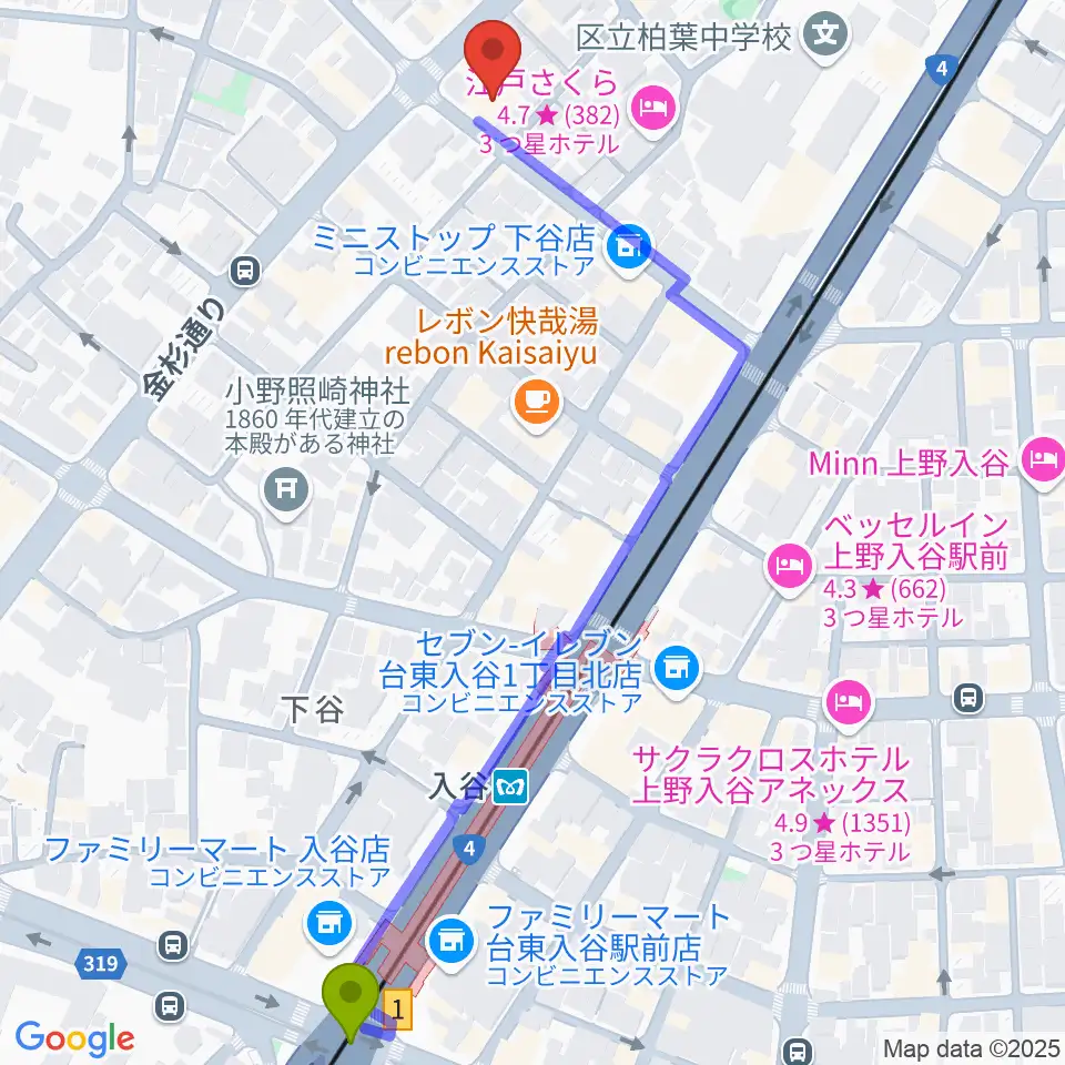 ギターショップ アウラの最寄駅入谷駅からの徒歩ルート（約7分）地図
