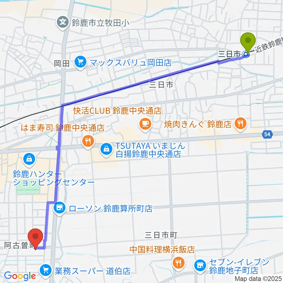 三日市駅から朝日楽器へのルートマップ地図