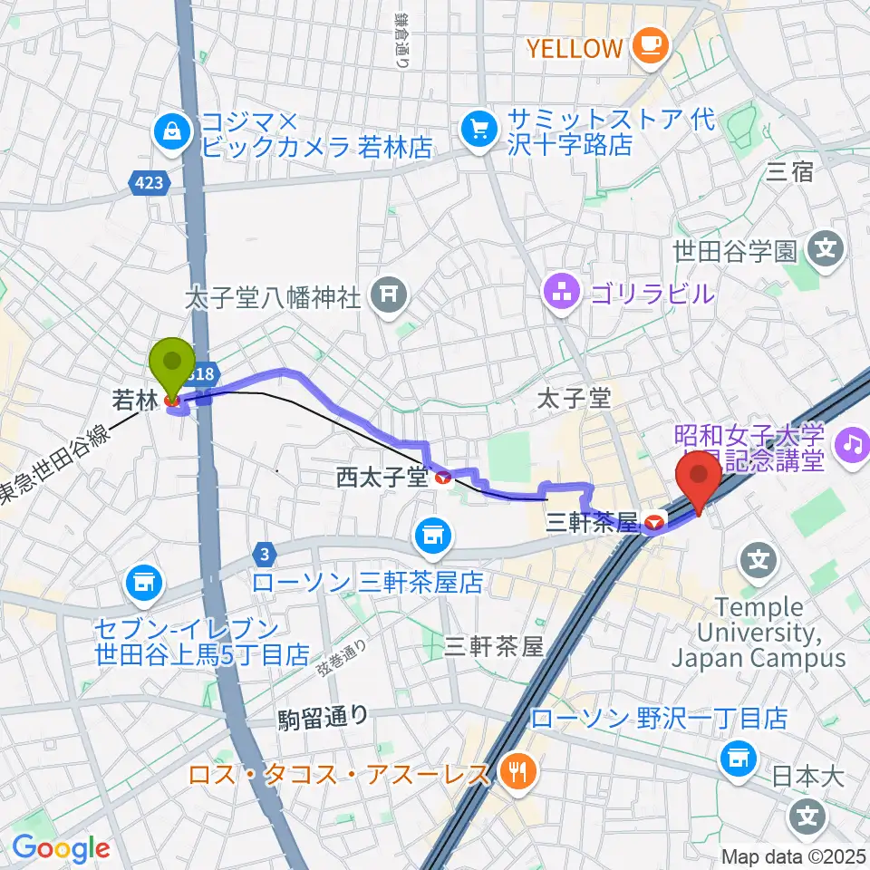 若林駅からマツオ商会 MATSUO&CO.へのルートマップ地図