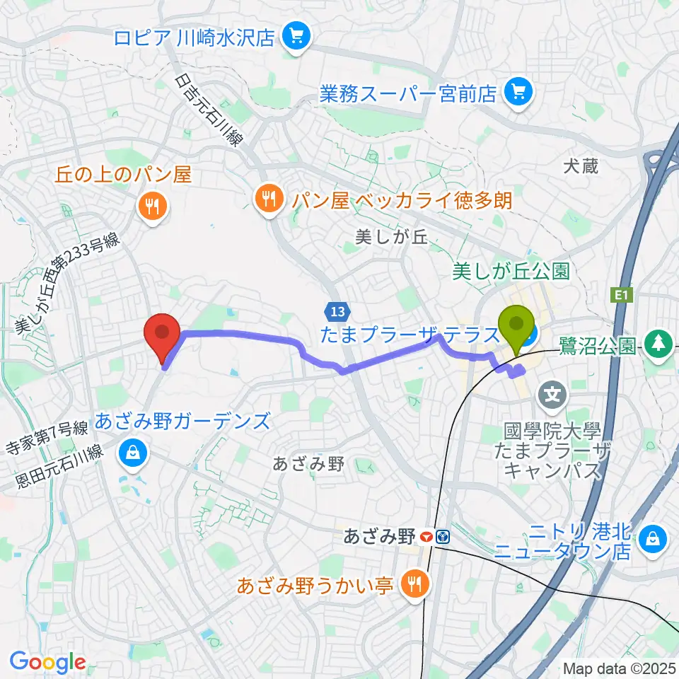 たまプラーザ駅から伊藤ピアノ工房へのルートマップ地図