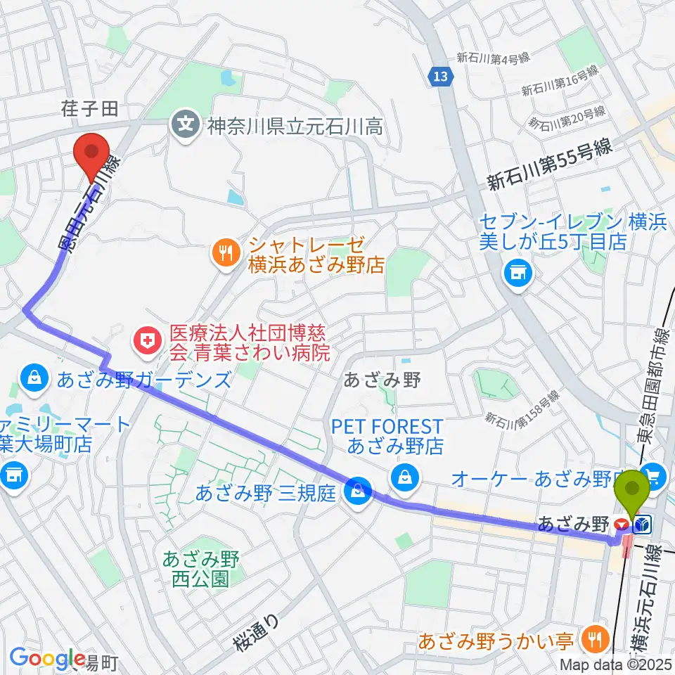 伊藤ピアノ工房の最寄駅あざみ野駅からの徒歩ルート（約29分）地図