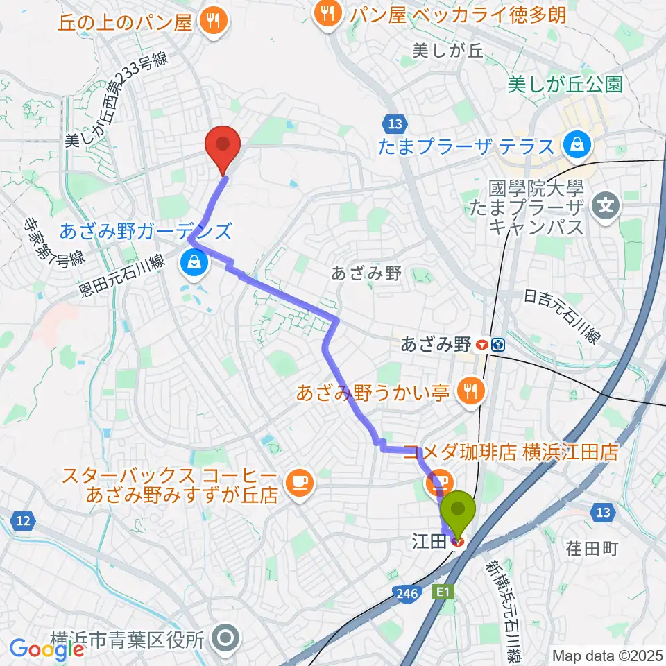 江田駅から伊藤ピアノ工房へのルートマップ地図