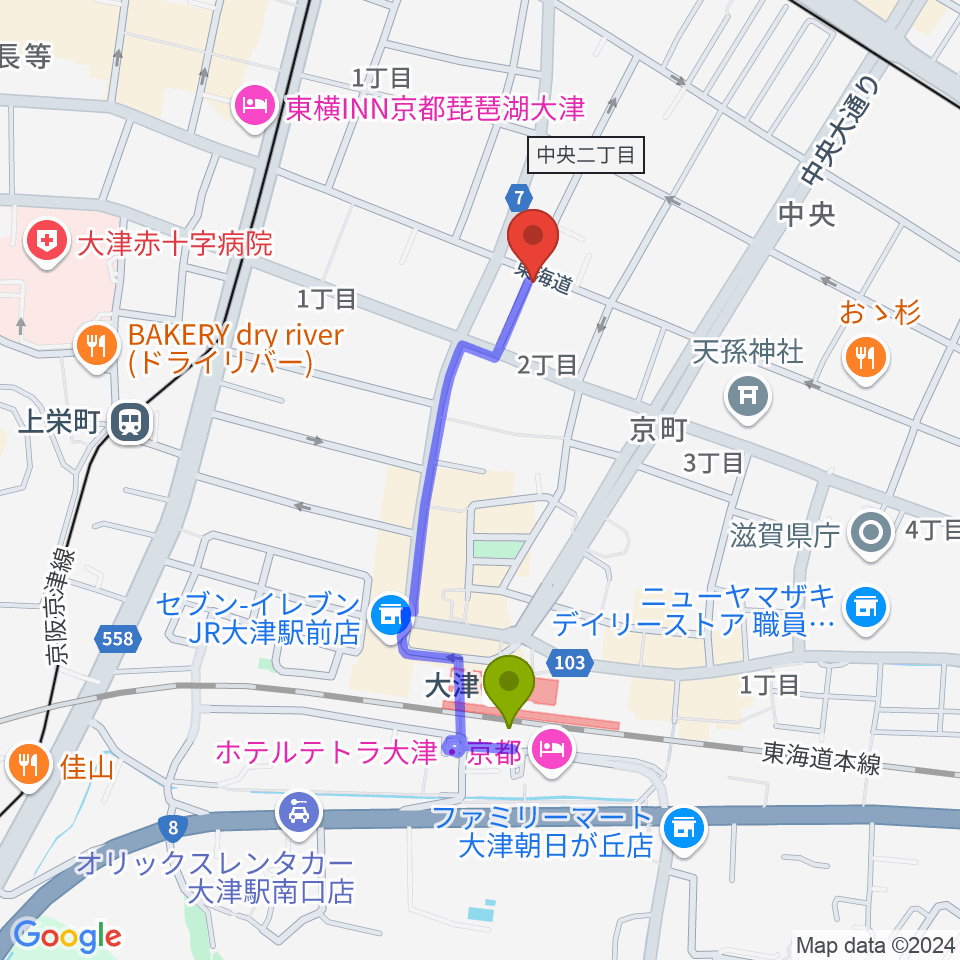 初音屋楽器の最寄駅大津駅からの徒歩ルート（約7分）地図