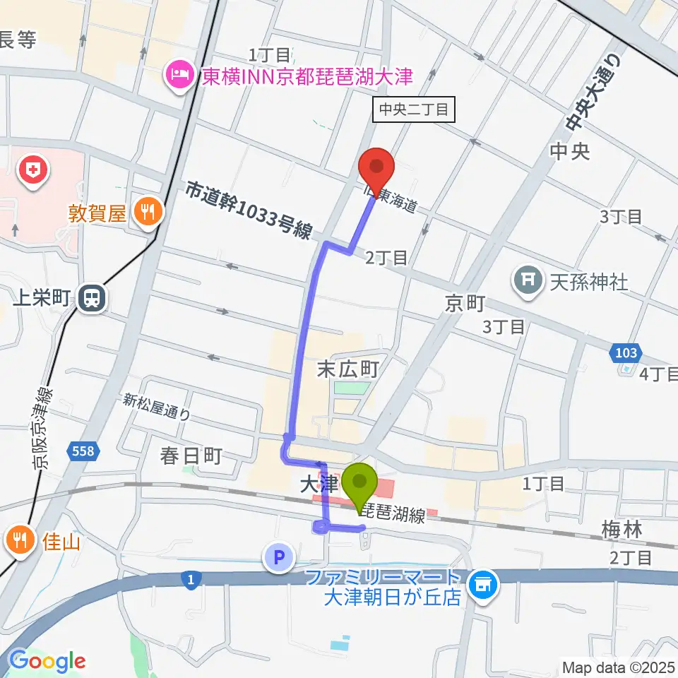 初音屋楽器の最寄駅大津駅からの徒歩ルート（約7分）地図
