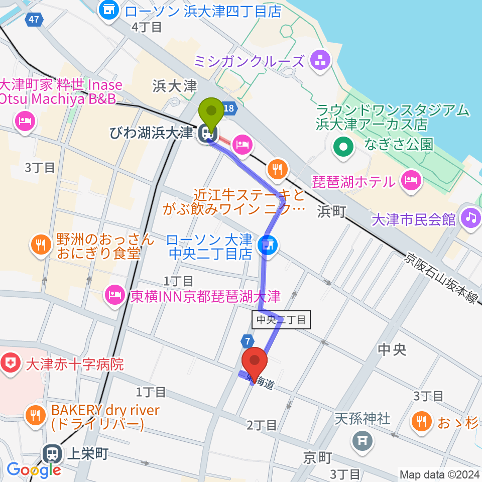 びわ湖浜大津駅から初音屋楽器へのルートマップ地図