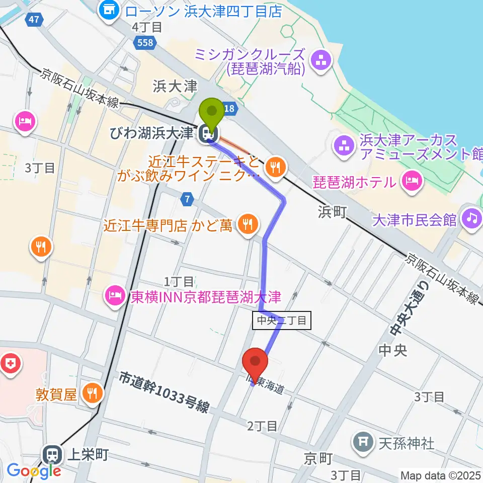 びわ湖浜大津駅から初音屋楽器へのルートマップ地図