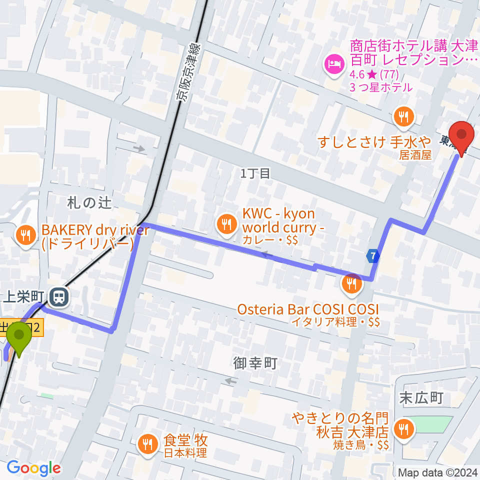 上栄町駅から初音屋楽器へのルートマップ地図