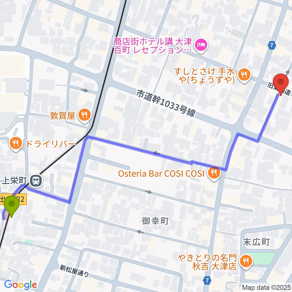 上栄町駅から初音屋楽器へのルートマップ地図