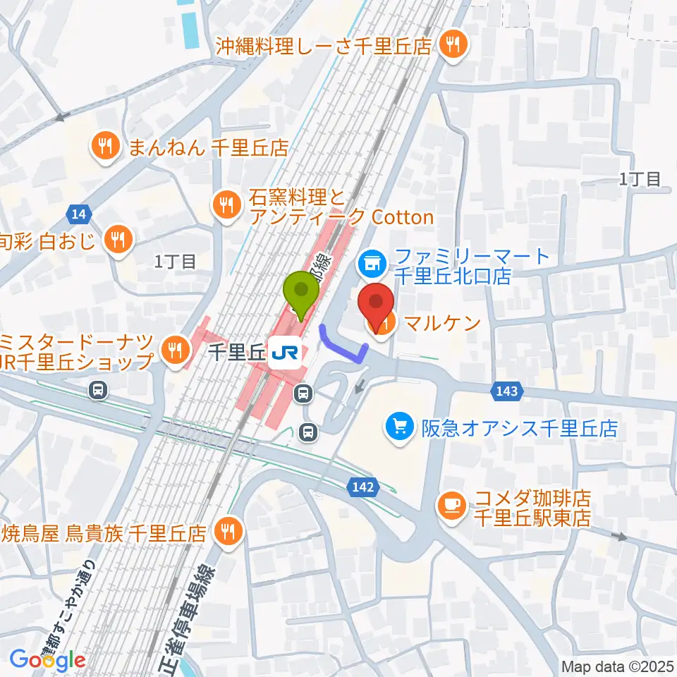 古川皓一バイオリン工房の最寄駅千里丘駅からの徒歩ルート（約1分）地図