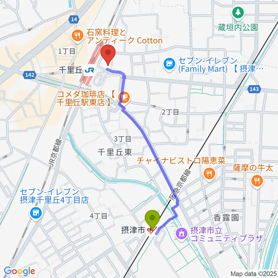 摂津市駅から古川皓一バイオリン工房へのルートマップ地図