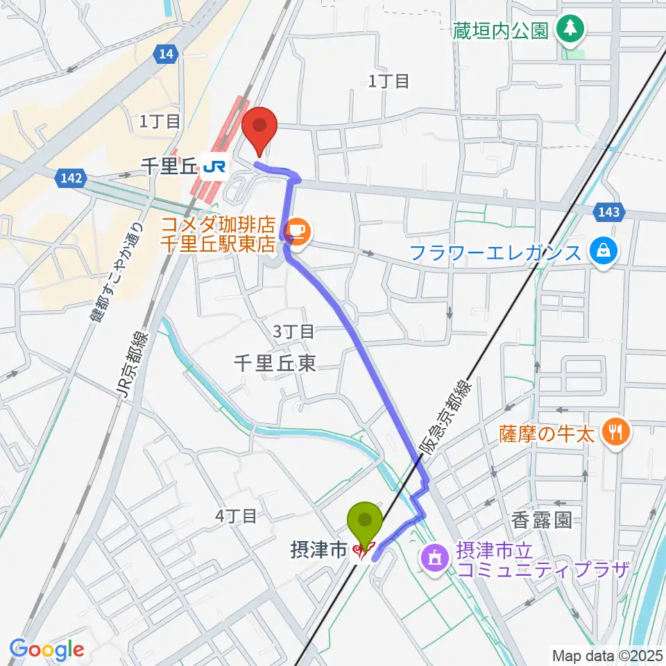 摂津市駅から古川皓一バイオリン工房へのルートマップ地図