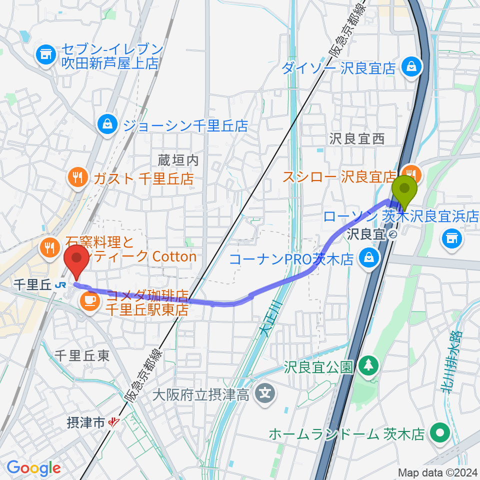 沢良宜駅から古川皓一バイオリン工房へのルートマップ地図