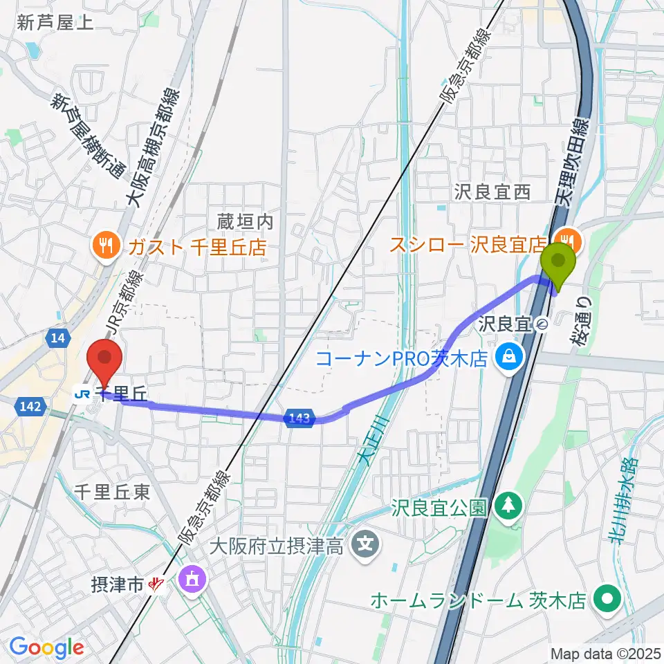 沢良宜駅から古川皓一バイオリン工房へのルートマップ地図