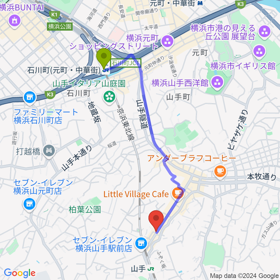 石川町駅からELMORE（エルモア）へのルートマップ地図