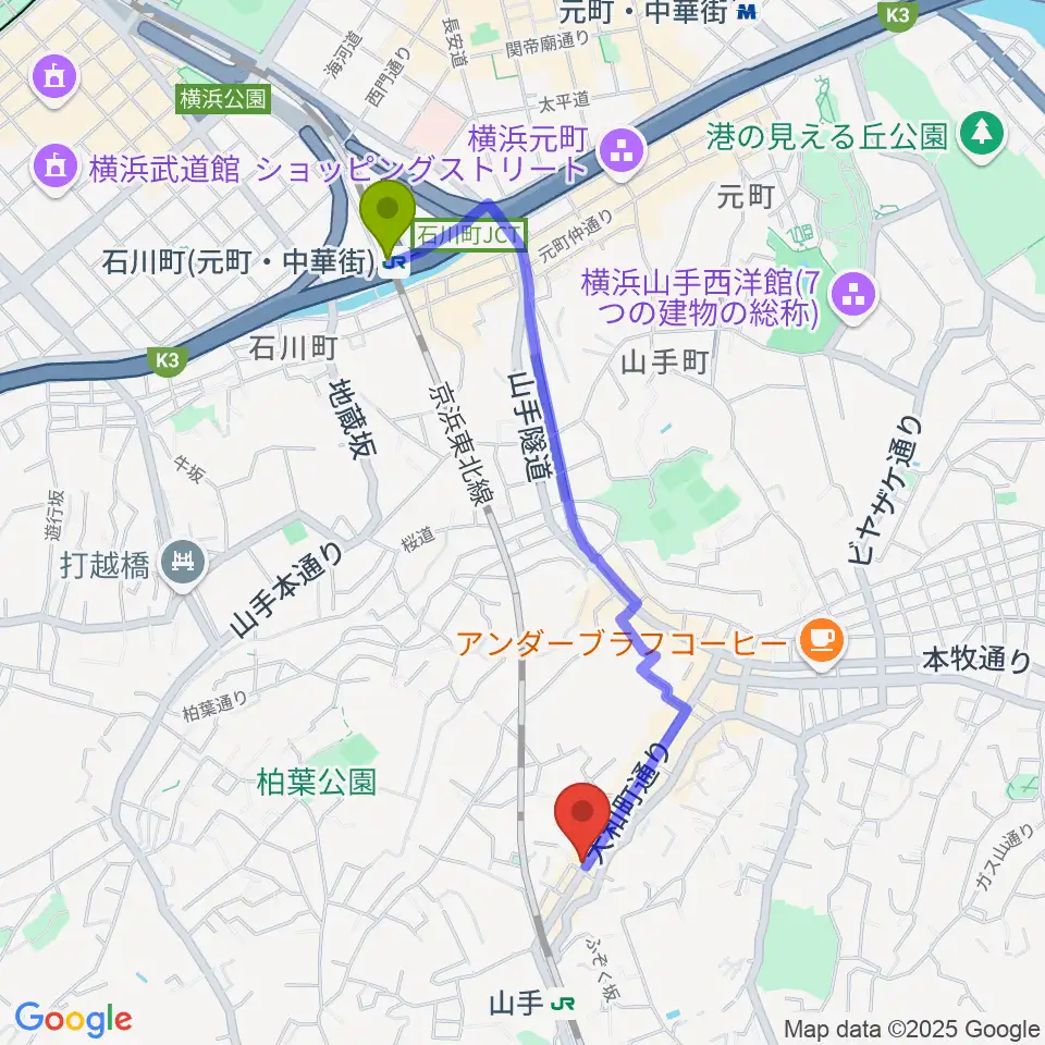 石川町駅からエルモアへのルートマップ地図