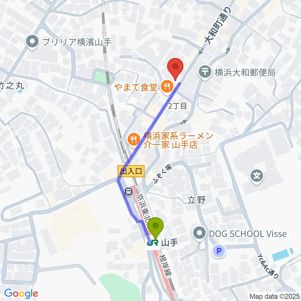 エルモアの最寄駅山手駅からの徒歩ルート（約4分）地図