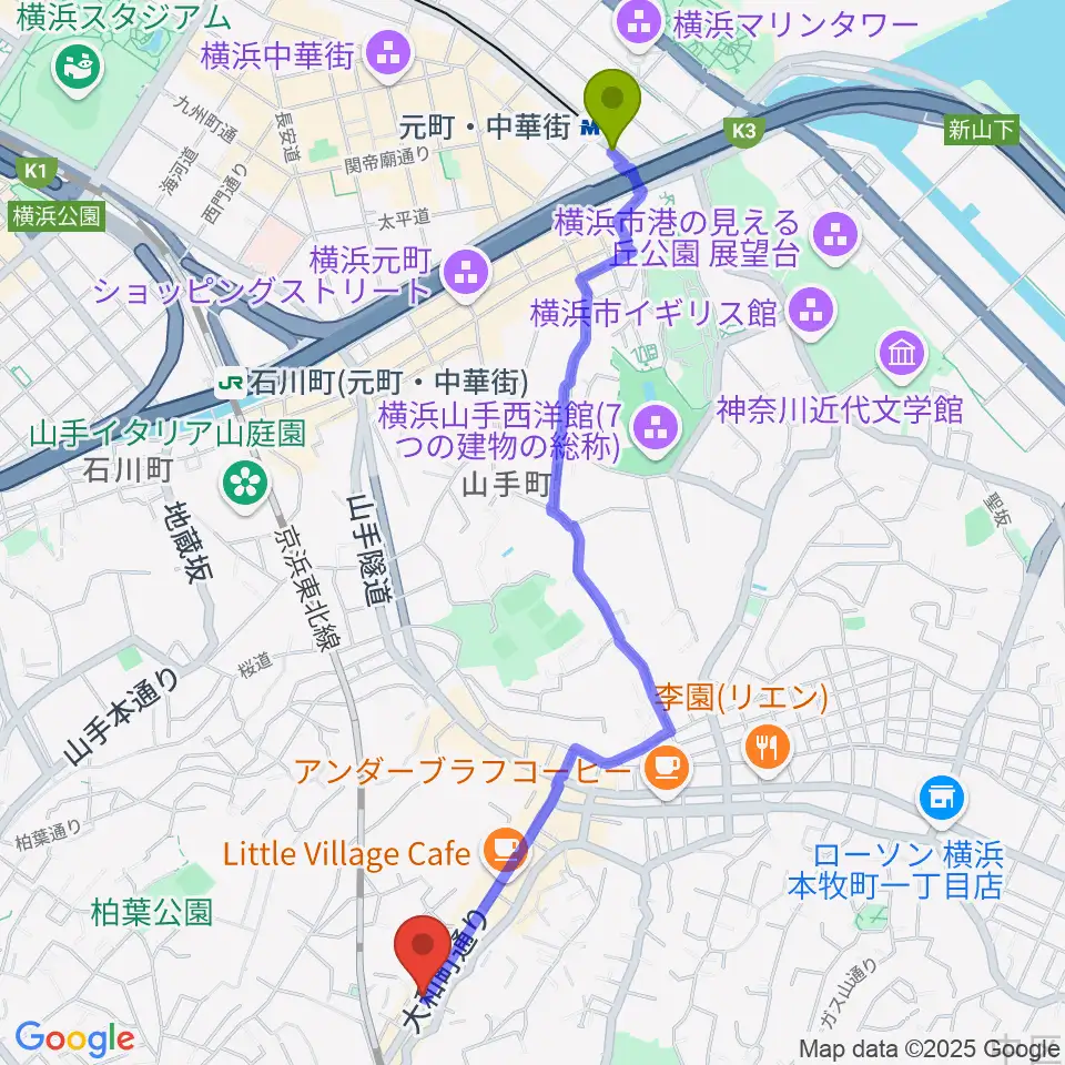 元町・中華街駅からELMORE（エルモア）へのルートマップ地図