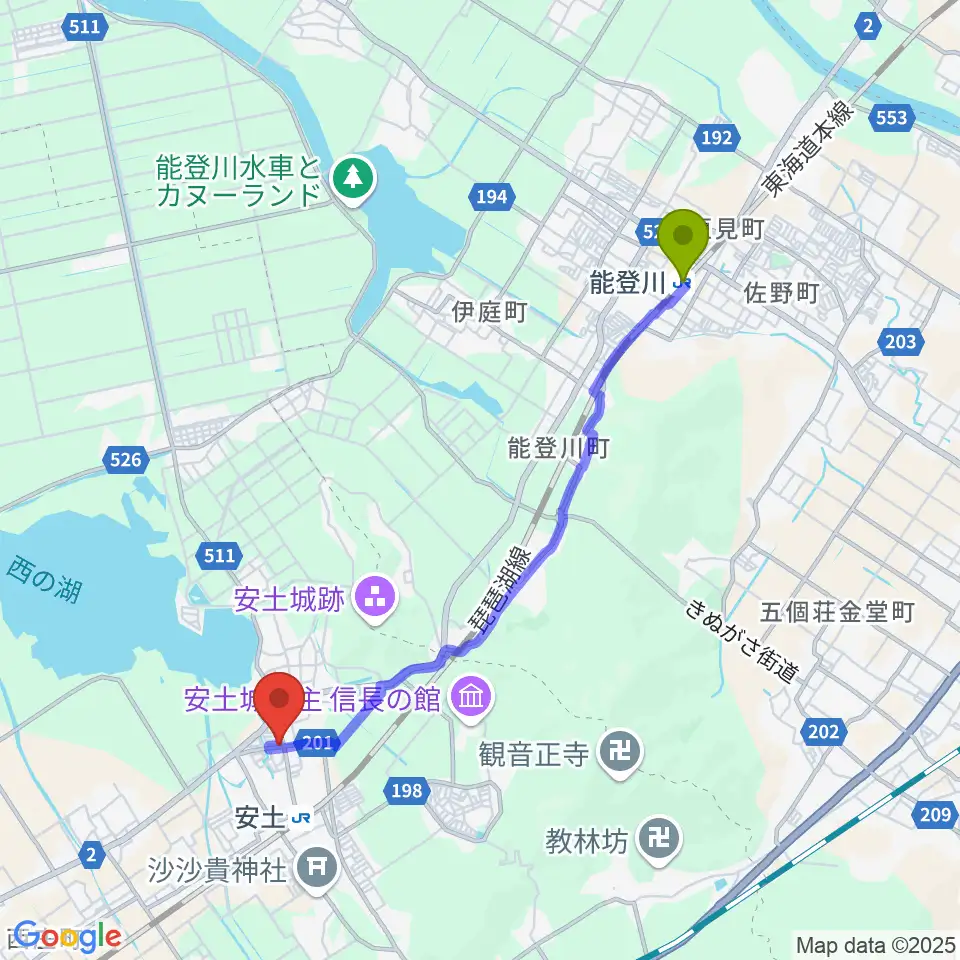 能登川駅から地球雑貨アース･ヴィレッジへのルートマップ地図