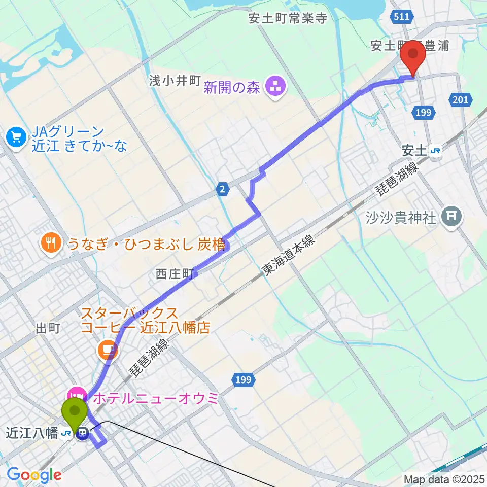 近江八幡駅から地球雑貨アース･ヴィレッジへのルートマップ地図