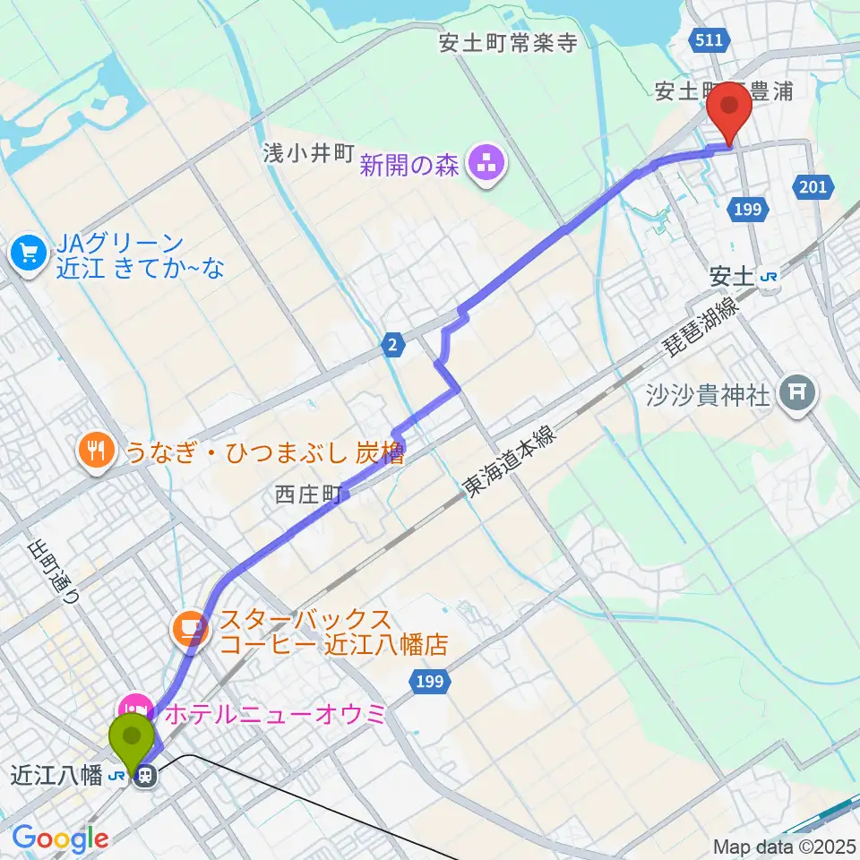 近江八幡駅から地球雑貨アース･ヴィレッジへのルートマップ地図
