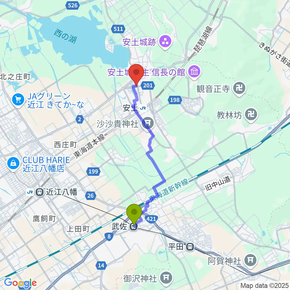 武佐駅から地球雑貨アース･ヴィレッジへのルートマップ地図