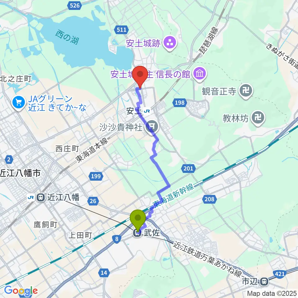 武佐駅から地球雑貨アース･ヴィレッジへのルートマップ地図