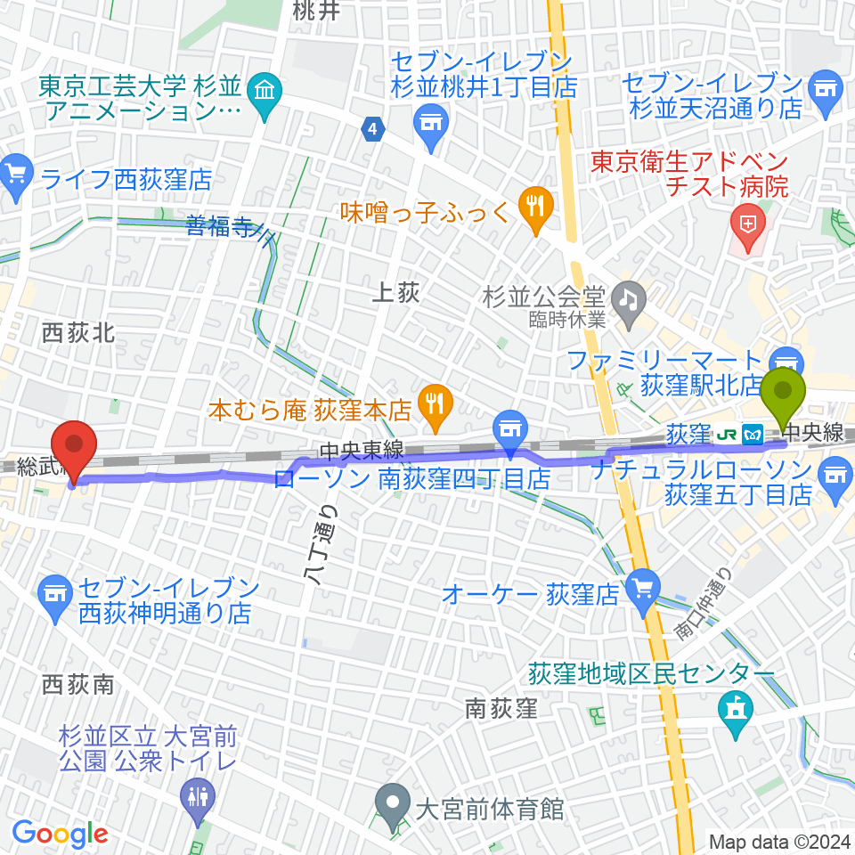 荻窪駅からギターショップG&Mへのルートマップ地図