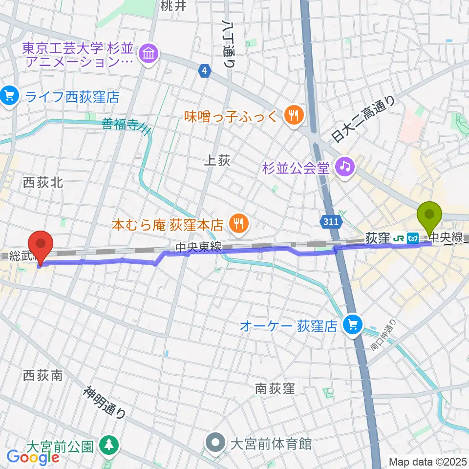 荻窪駅からギターショップG&Mへのルートマップ地図