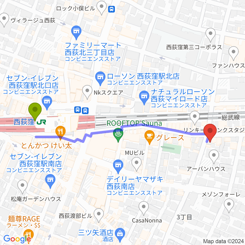 ギターショップG&Mの最寄駅西荻窪駅からの徒歩ルート（約6分）地図