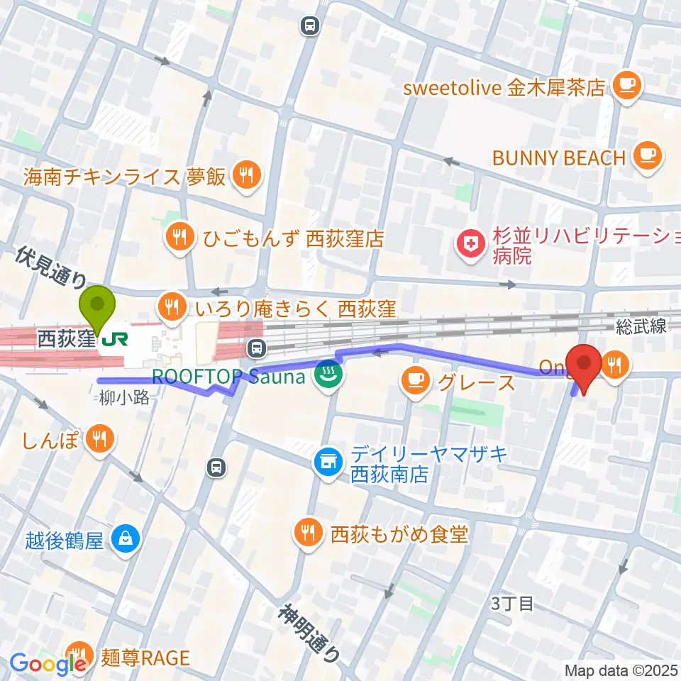 ギターショップG&Mの最寄駅西荻窪駅からの徒歩ルート（約6分）地図
