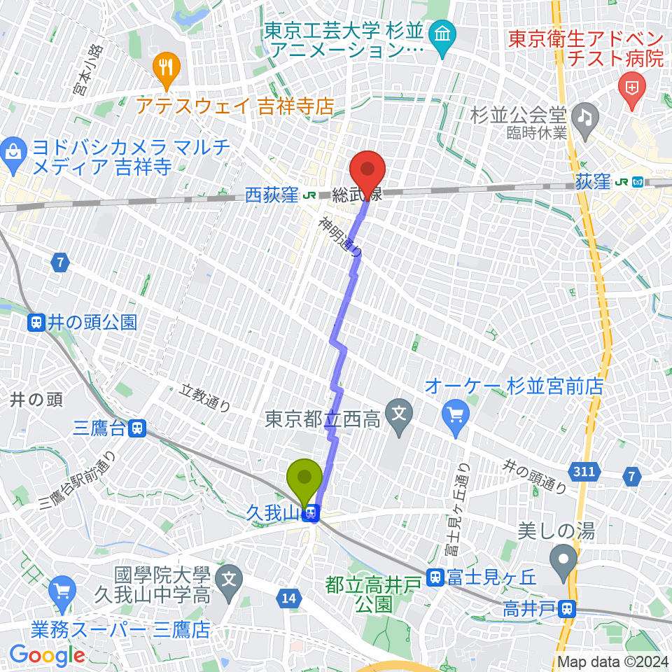 久我山駅からギターショップG&Mへのルートマップ地図