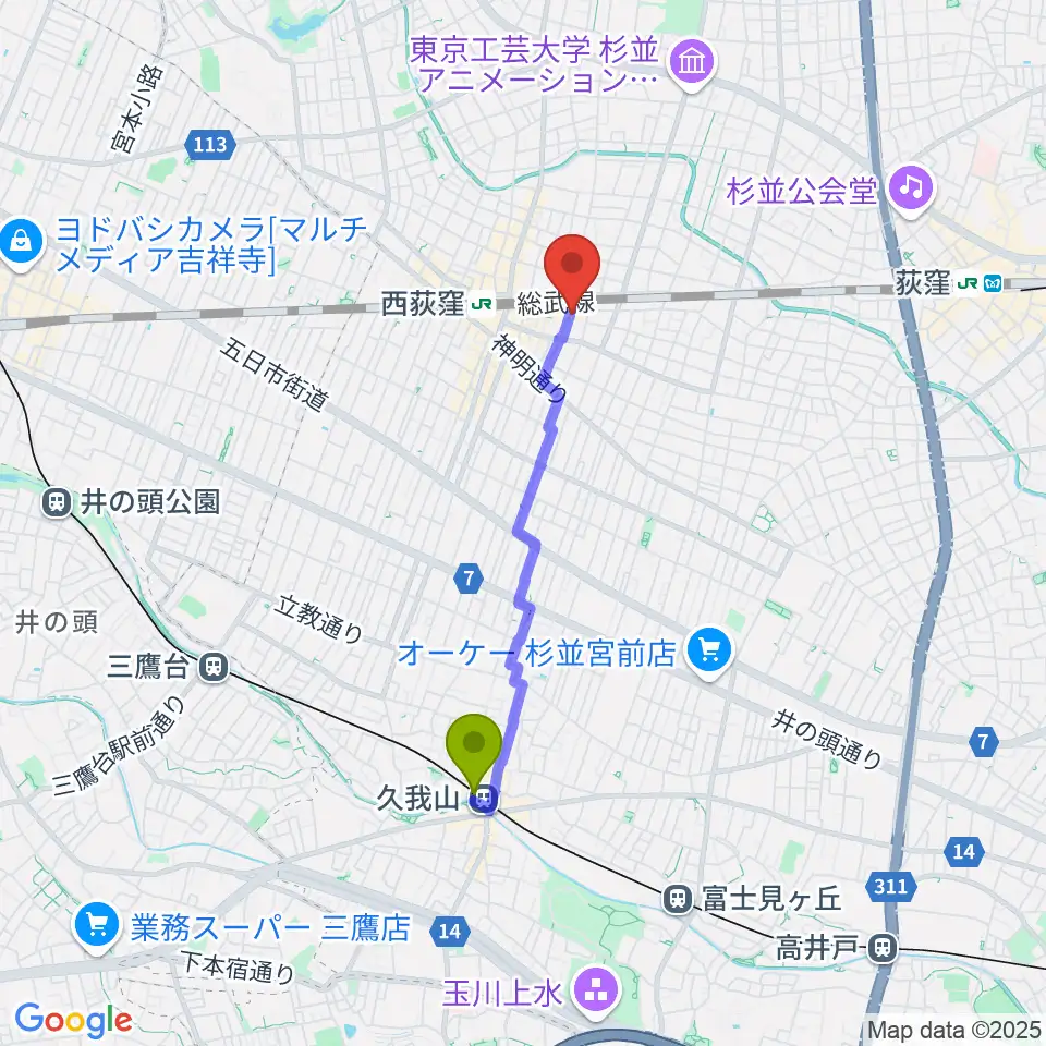 久我山駅からギターショップG&Mへのルートマップ地図