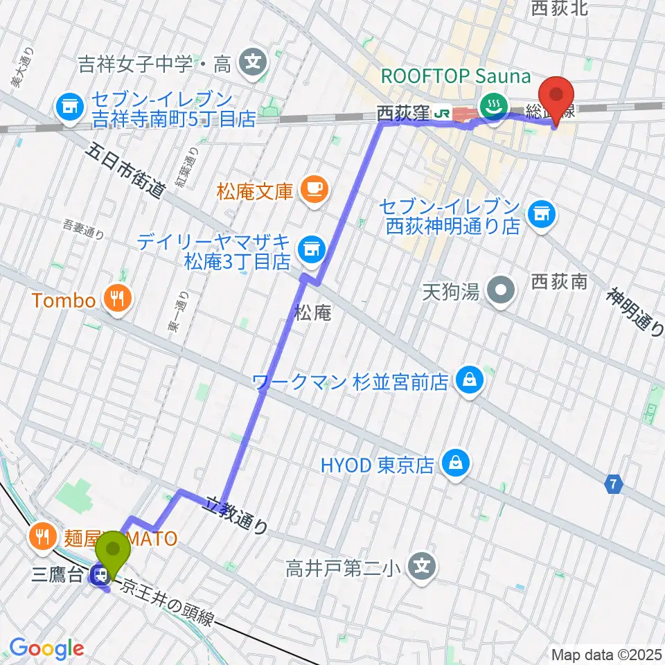 三鷹台駅からギターショップG&Mへのルートマップ地図