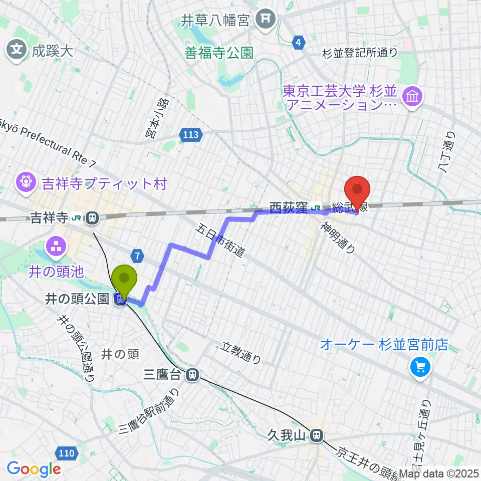 井の頭公園駅からギターショップG&Mへのルートマップ地図