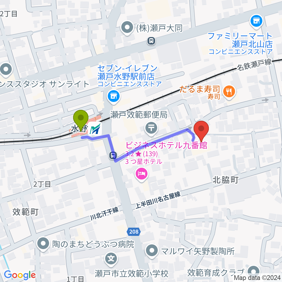 ギターショップ弦屋の最寄駅水野駅からの徒歩ルート（約3分）地図