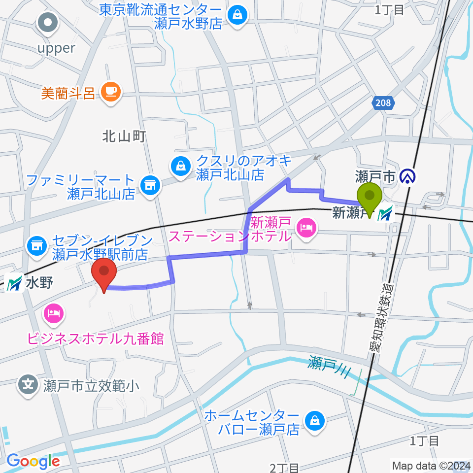 新瀬戸駅からギターショップ弦屋へのルートマップ地図