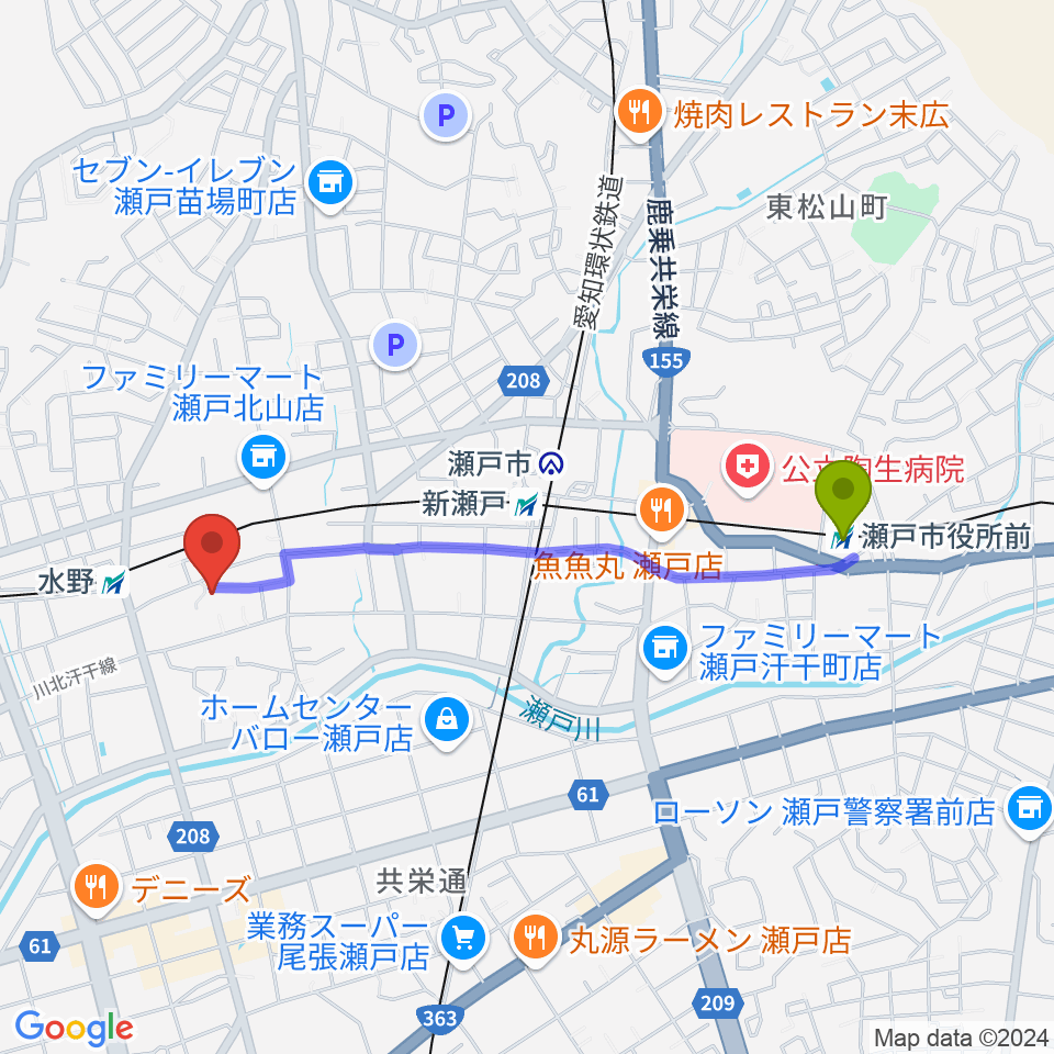 瀬戸市役所前駅からギターショップ弦屋へのルートマップ地図