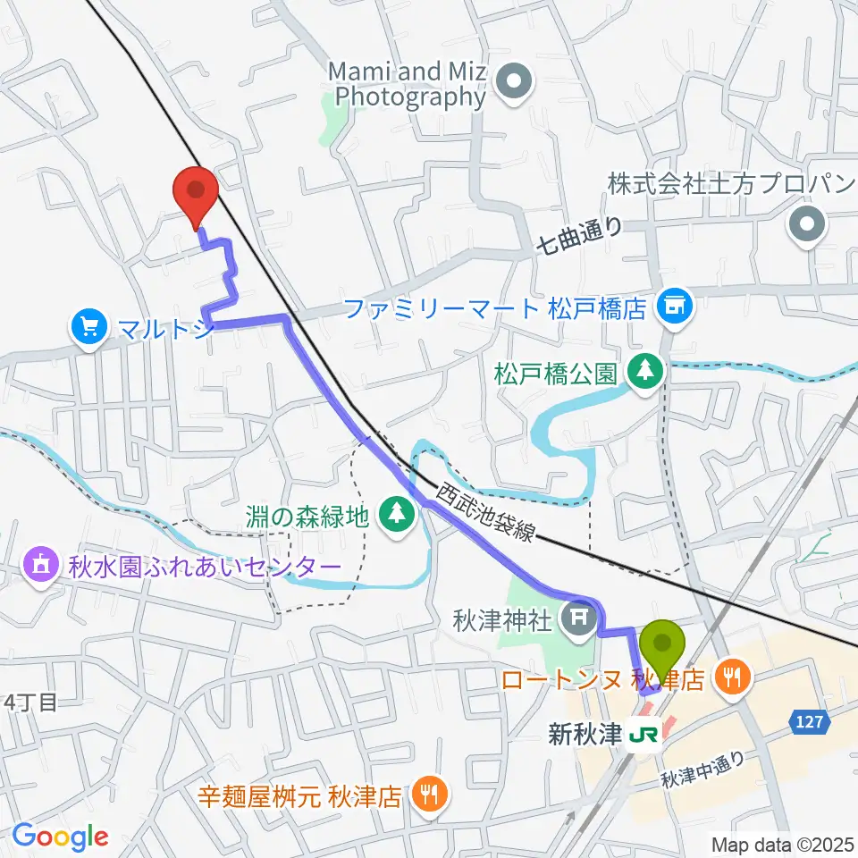 GRINNING DOG studioの最寄駅新秋津駅からの徒歩ルート（約12分）地図