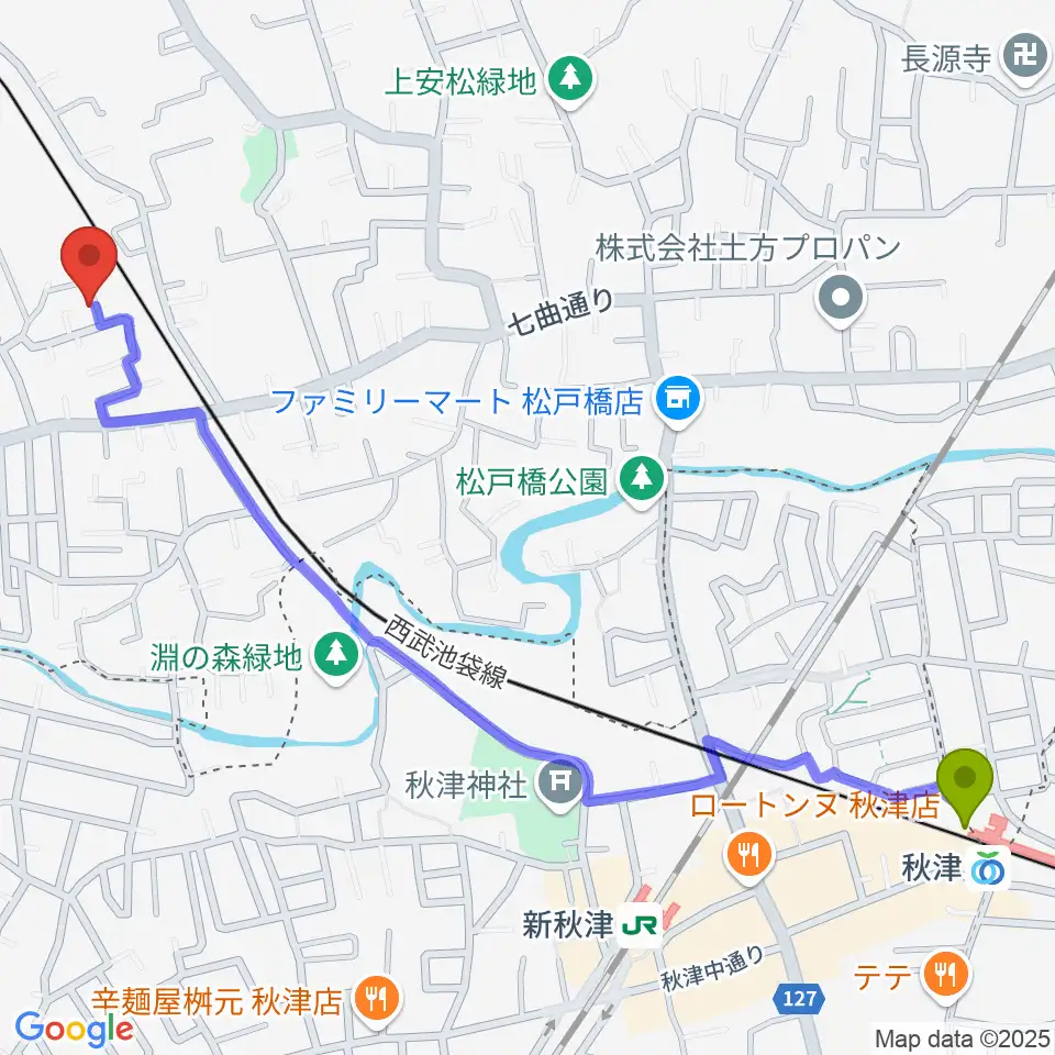 秋津駅からGRINNING DOG studioへのルートマップ地図