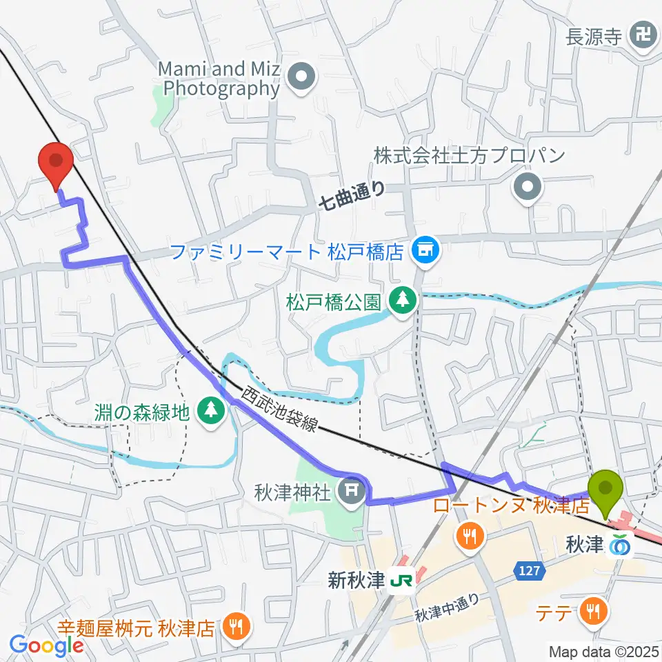 秋津駅からGRINNING DOG studioへのルートマップ地図