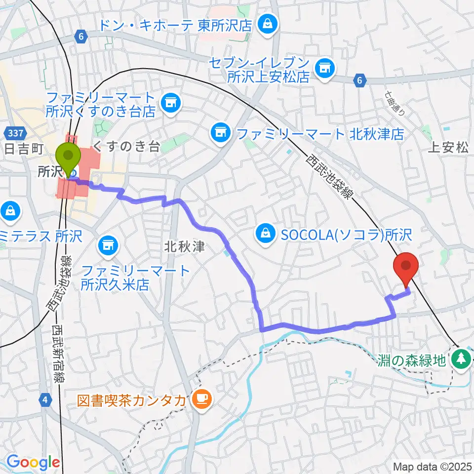 所沢駅からGRINNING DOG studioへのルートマップ地図