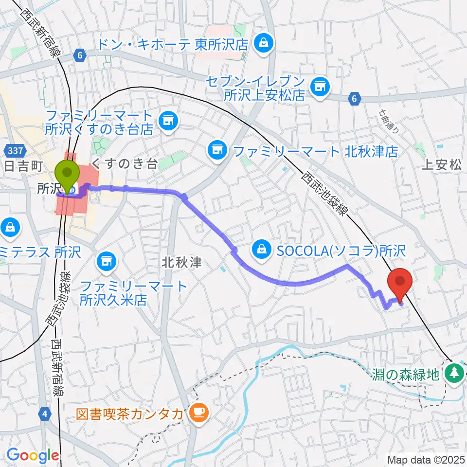 所沢駅からGRINNING DOG studioへのルートマップ地図