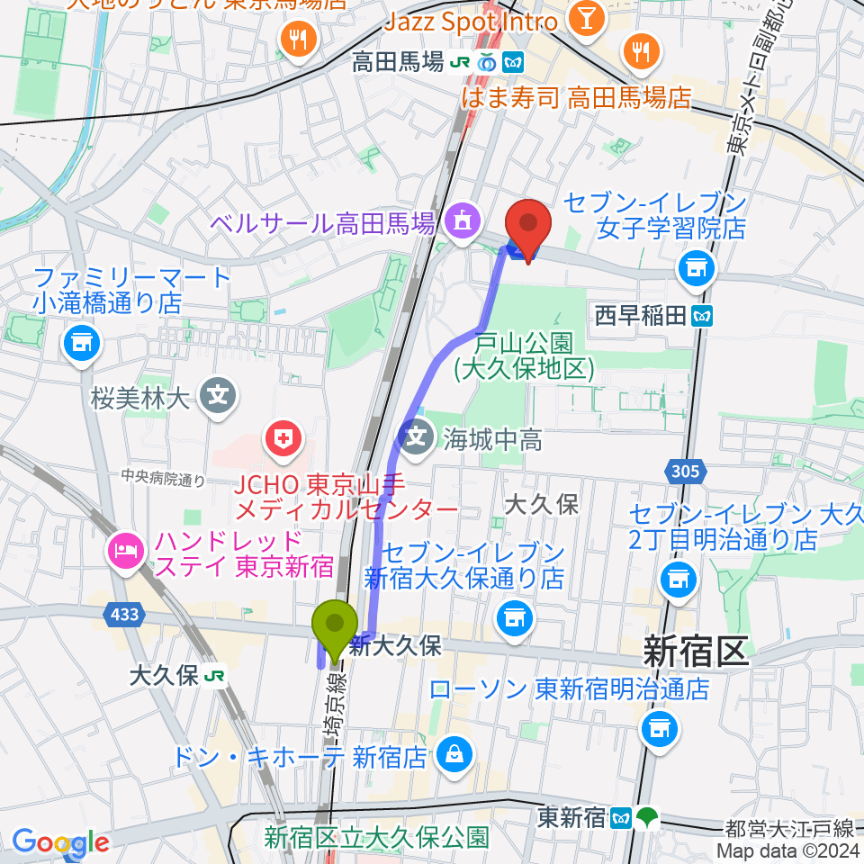 新大久保駅からハセカン ハセガワ管楽器工房へのルートマップ地図