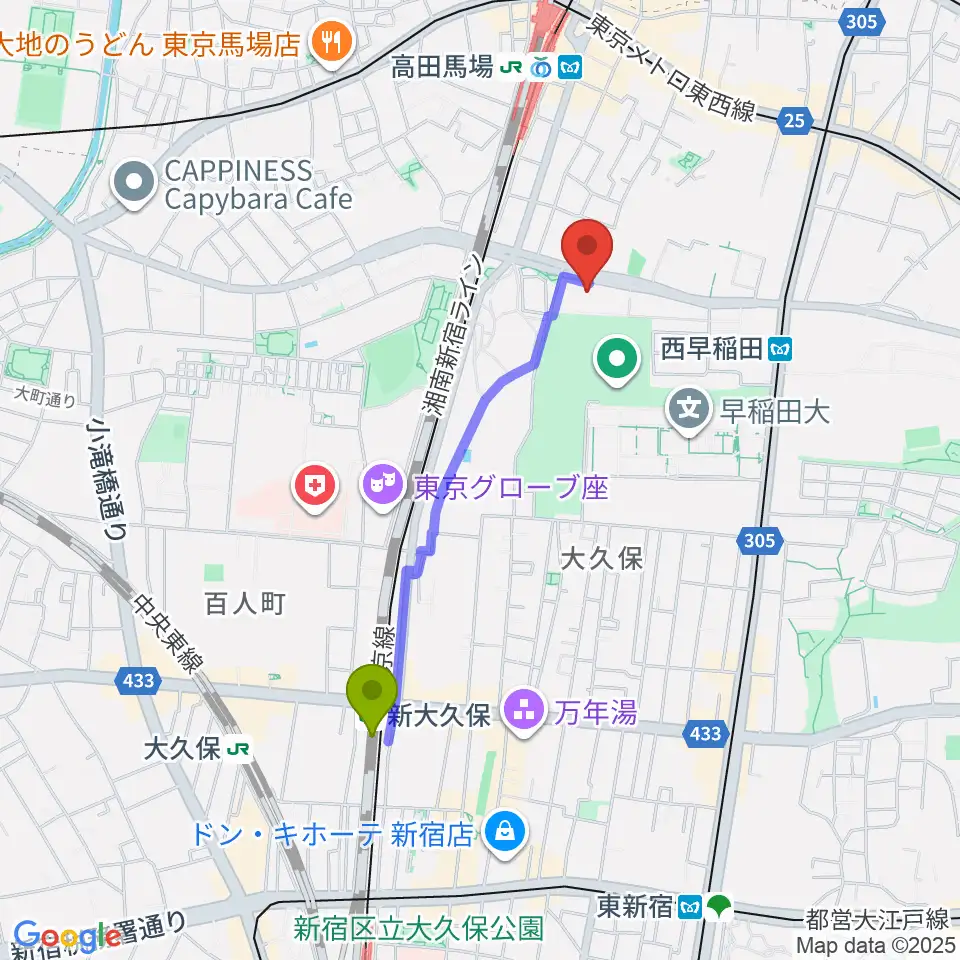 新大久保駅からハセカン ハセガワ管楽器工房へのルートマップ地図