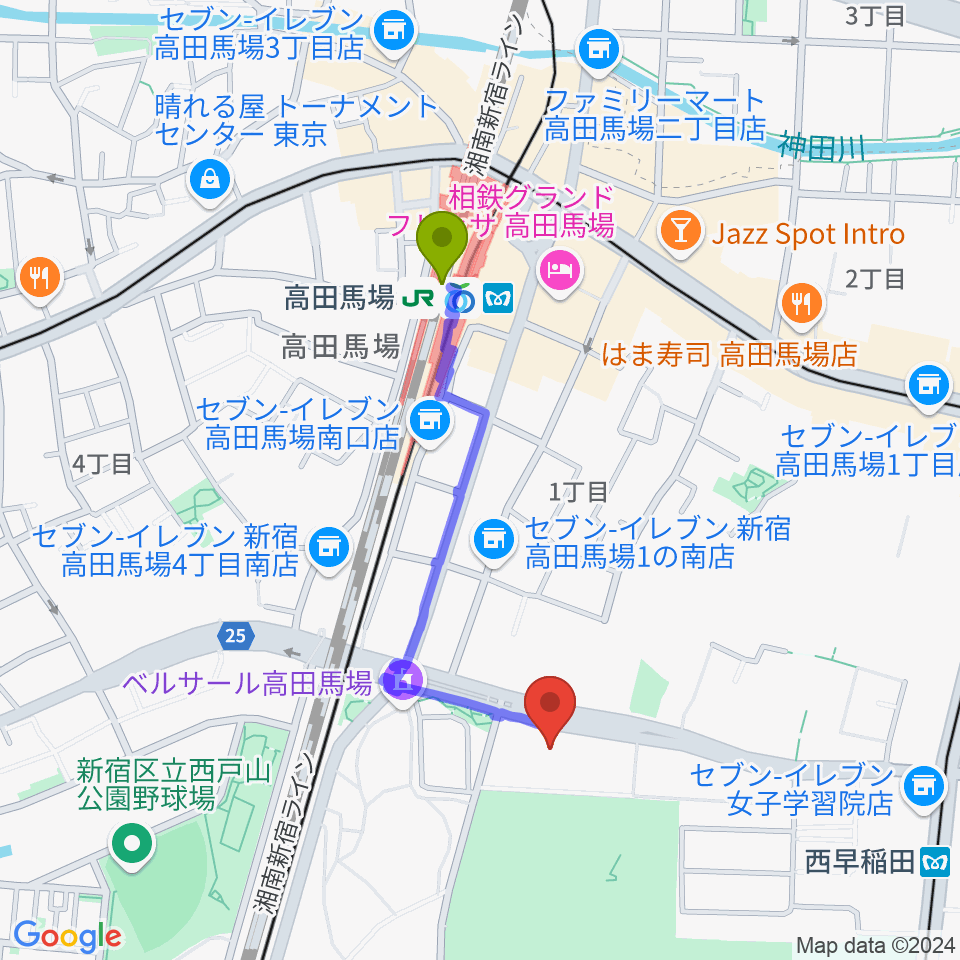 高田馬場駅からハセカン ハセガワ管楽器工房へのルートマップ地図